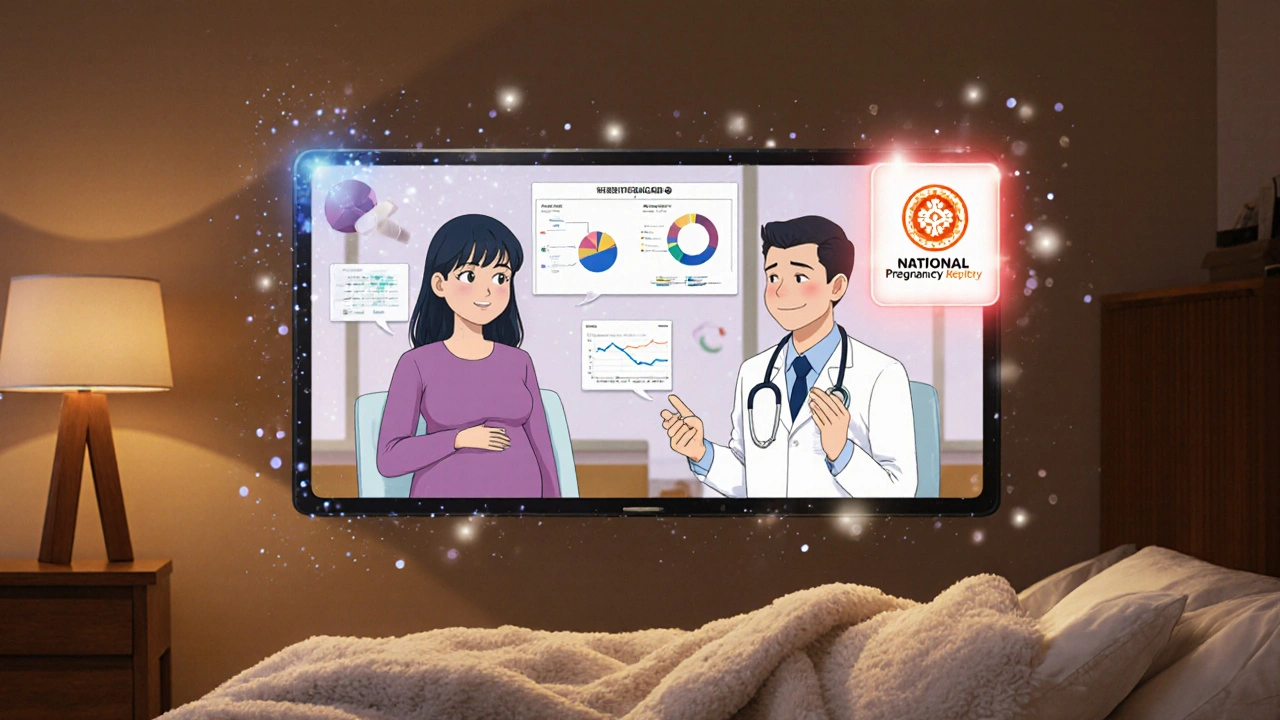 Virtual joint appointment between OB/GYN and psychiatrist for perinatal mental health care, with safety data displayed on screen.