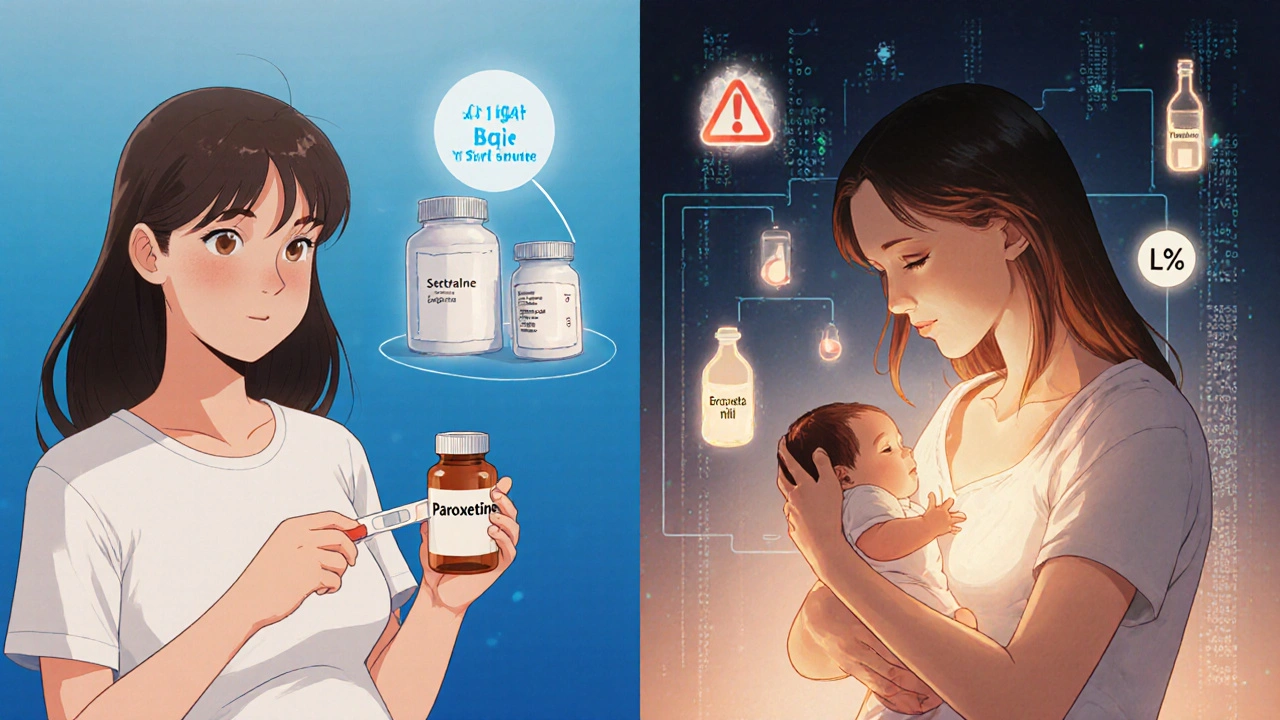 Woman transitioning from unsafe medication to safe antidepressants during pregnancy, with breastfeeding and drug transfer data illustrated.
