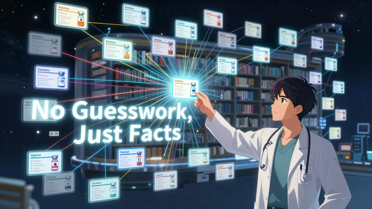 A cosmic FDA database of biologics linked by color-coded threads, with a doctor pulling an interchangeable card.