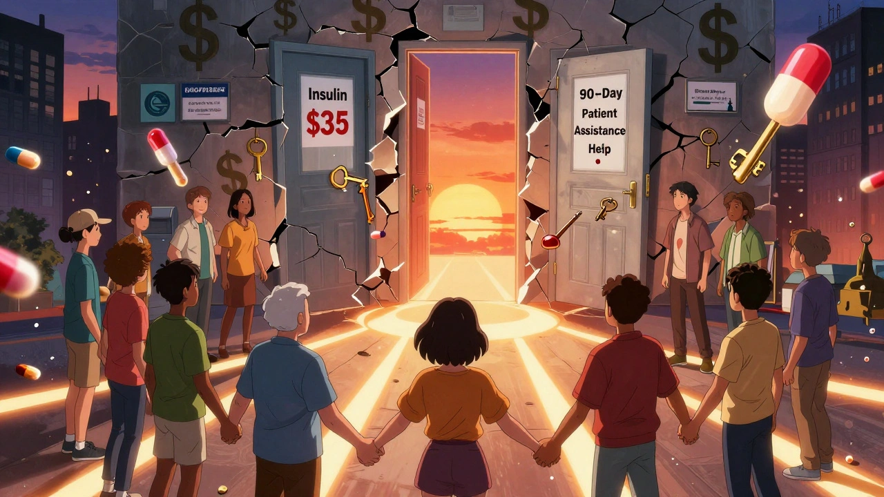 A diverse group of people unlocking access to affordable medicine with floating keys and glowing doors.