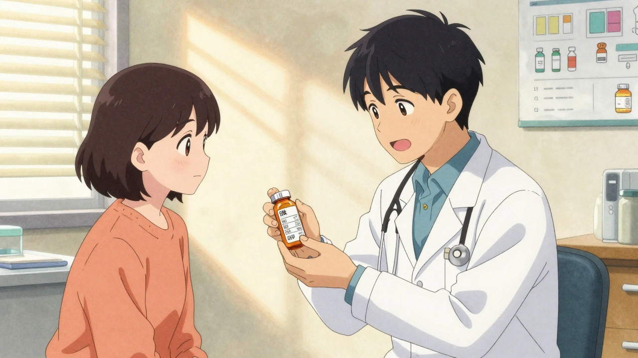 A doctor and patient reviewing medication costs together in a warm clinic setting.