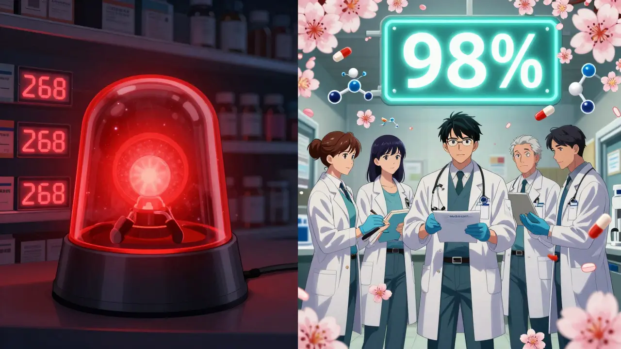 A drug shortage crisis contrasts with a rapid alternative approval, glowing molecules swirling around medicines.