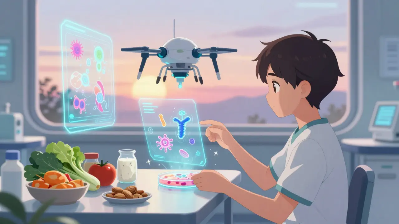 A futuristic lab with holographic microbiome maps and precision therapy drones, beside healthy foods.