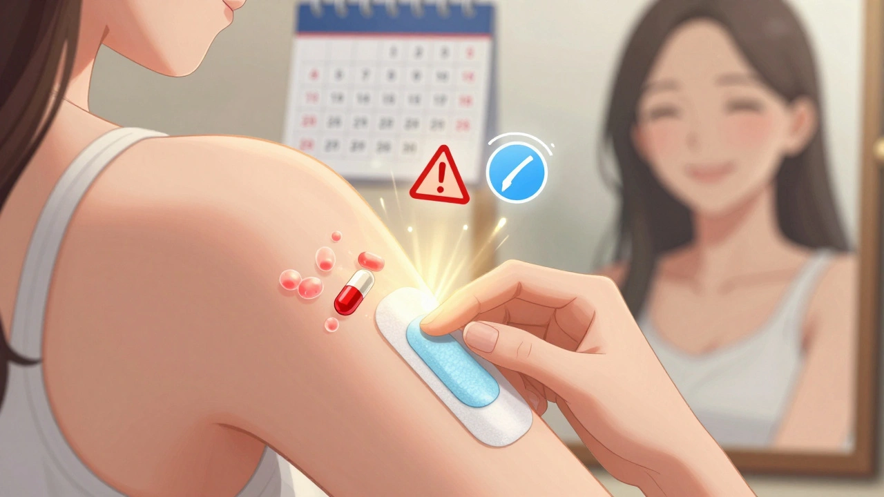 A hand applying estrogen gel with molecular visuals showing safe hormone delivery, avoiding liver risks.