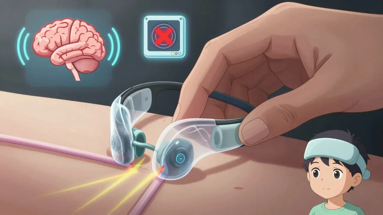 A hand removing a waterproof cover from a bone-conduction processor, with an X-ray showing the implanted magnet under the skin.