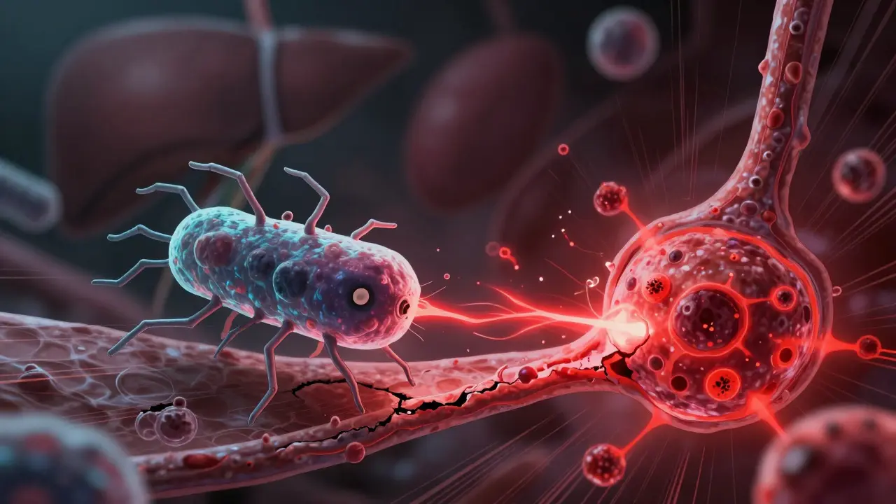 A harmful bacterium escaping the intestine and triggering immune cells in a lymph node.