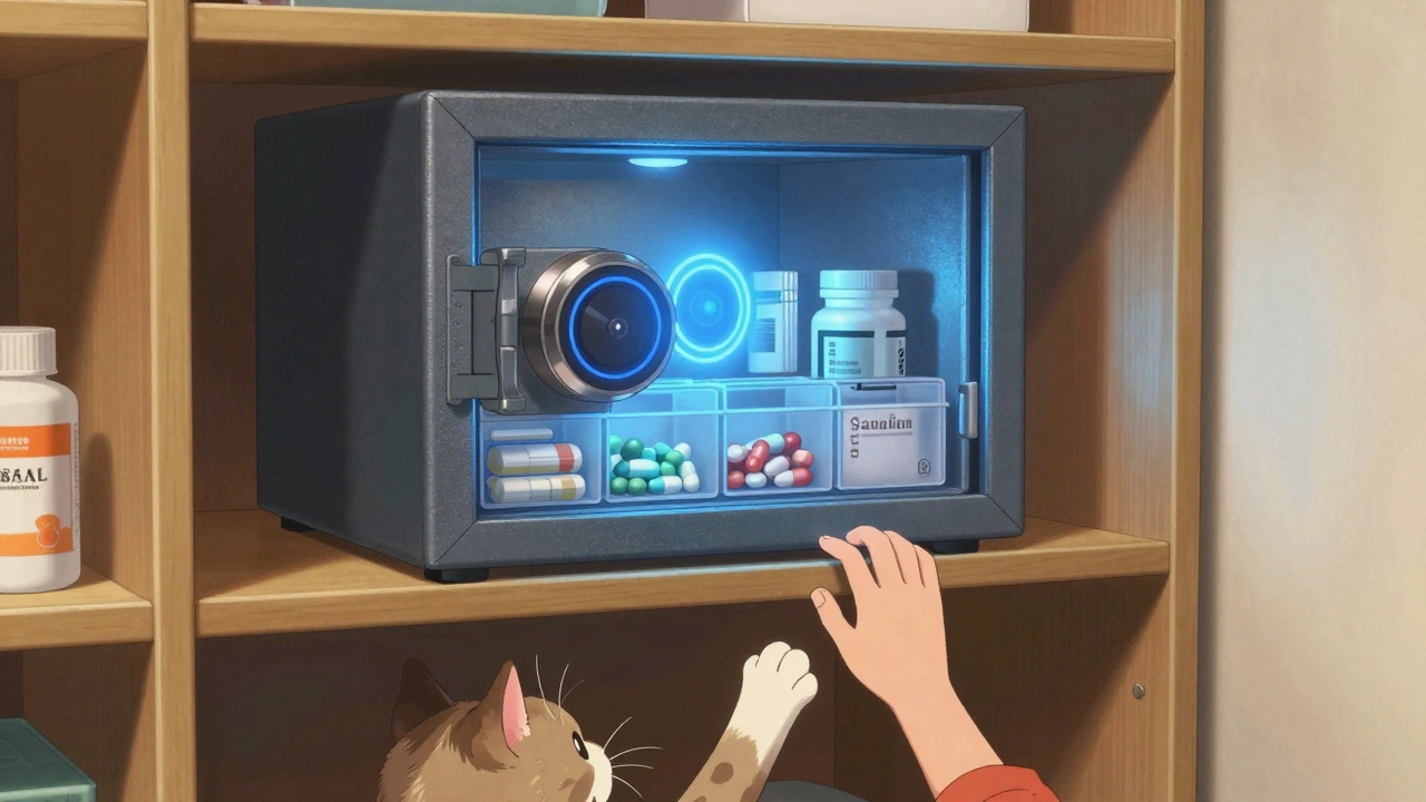 A locked biometric safe on a high shelf with separated human and pet medications, watched by a curious cat.