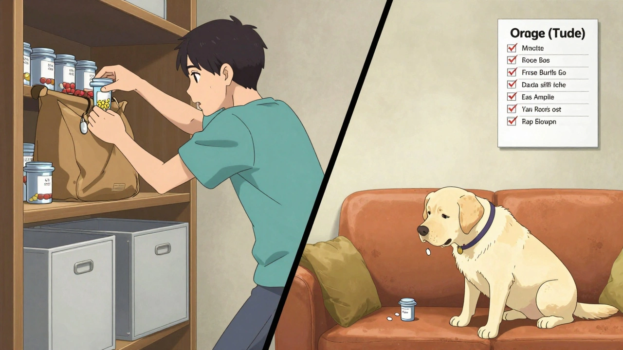 A parent securing medication while a dog finds a dropped pill between couch cushions.