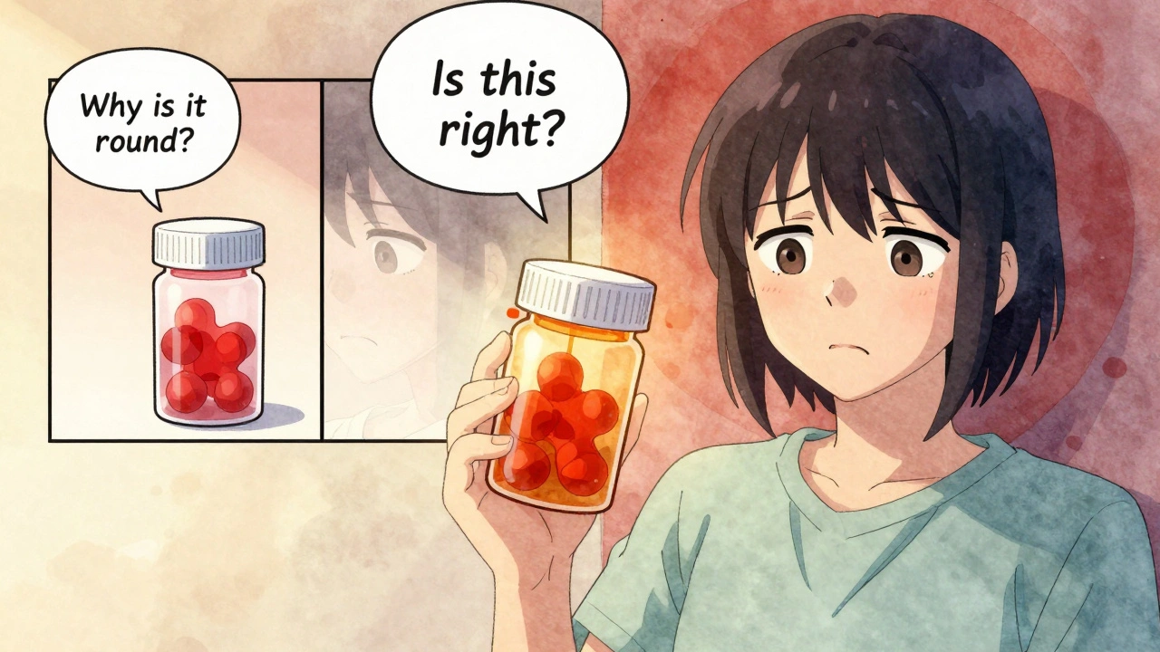 A patient holding a suspicious pill while seeing the correct and wrong doses in a split vision.