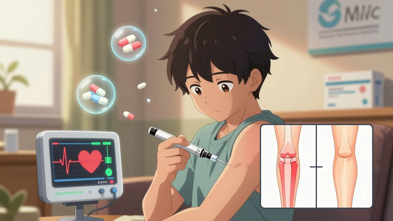 A patient self-injecting a biologic at home, with floating icons of folic acid and healthy joints in the background.