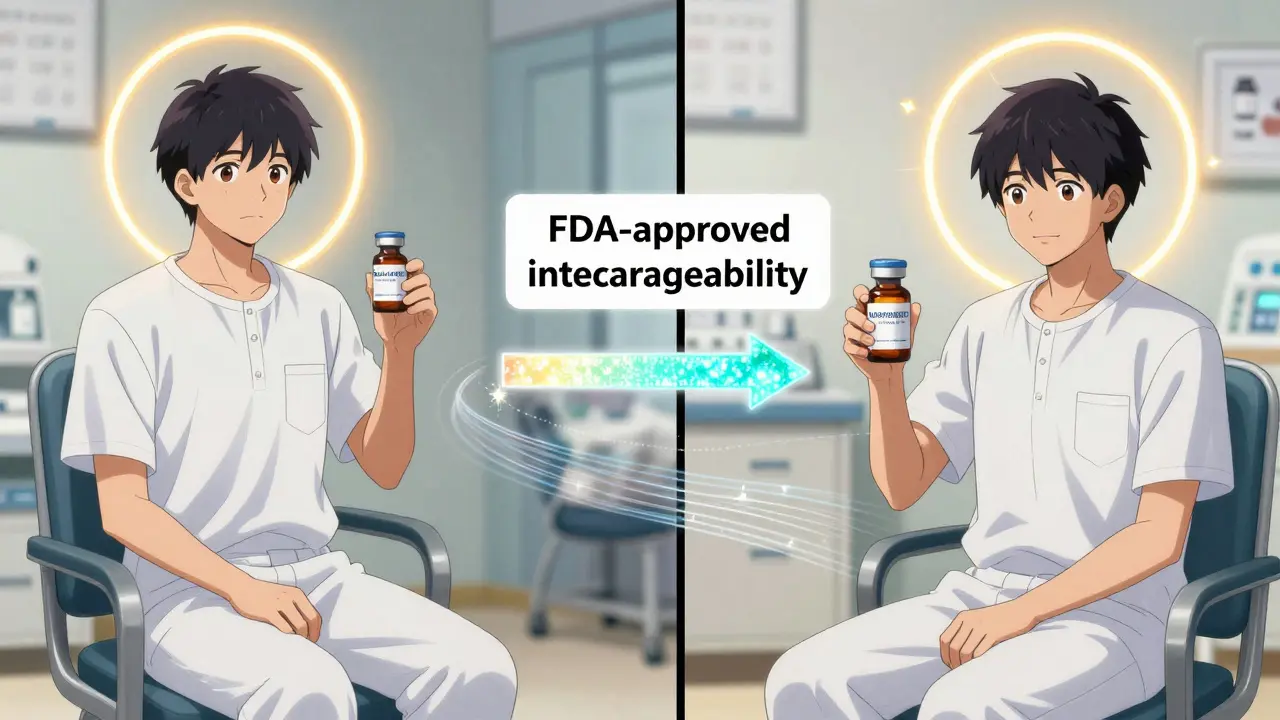 A patient switches between brand-name biologic and interchangeable biosimilar with matching halos and data streams.