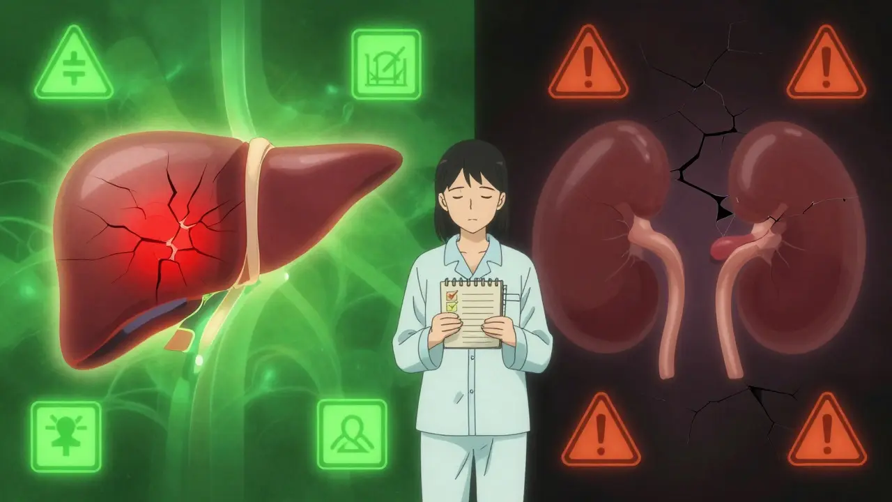 A person standing between safe and dangerous painkiller paths, with glowing liver and kidney warnings in the background.