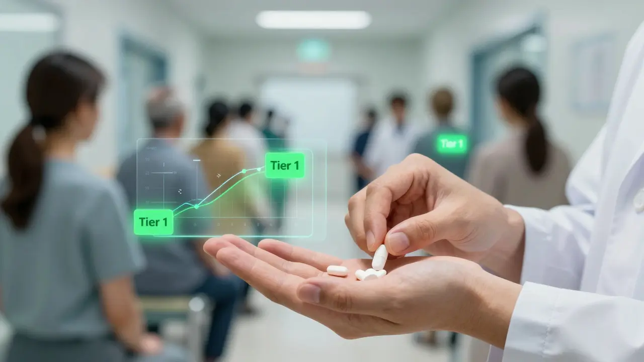 A pharmacist hands a generic pill to a patient with floating efficacy data and Tier 1 cost tag glowing green.