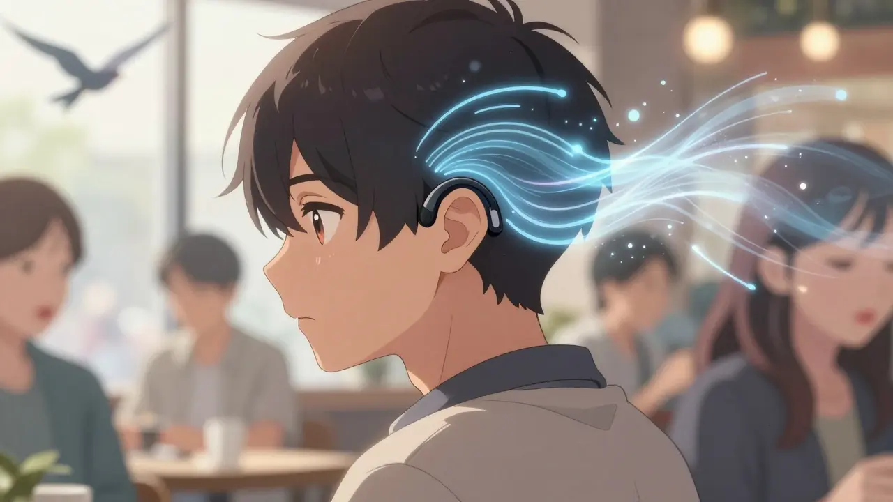 A teen in a café with sound waves flowing across his skull from deaf side to hearing ear, birds outside the window.