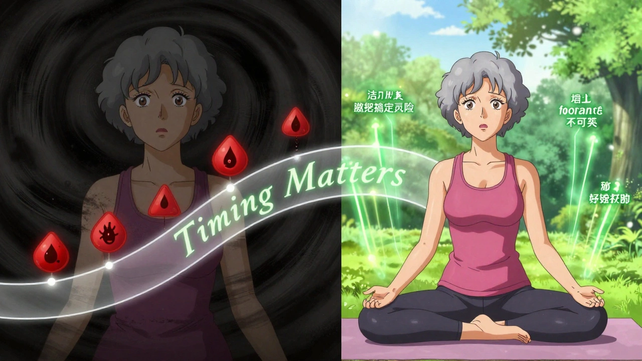 A woman transformed from fear to vitality, with contrasting imagery of outdated risks and modern HRT benefits.