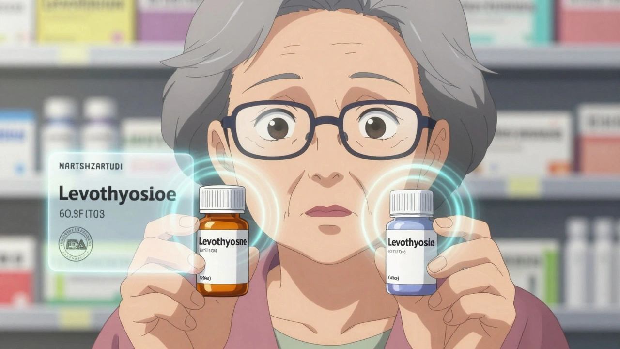 An elderly woman comparing two generic thyroid pills, with glowing absorption data floating beside them.