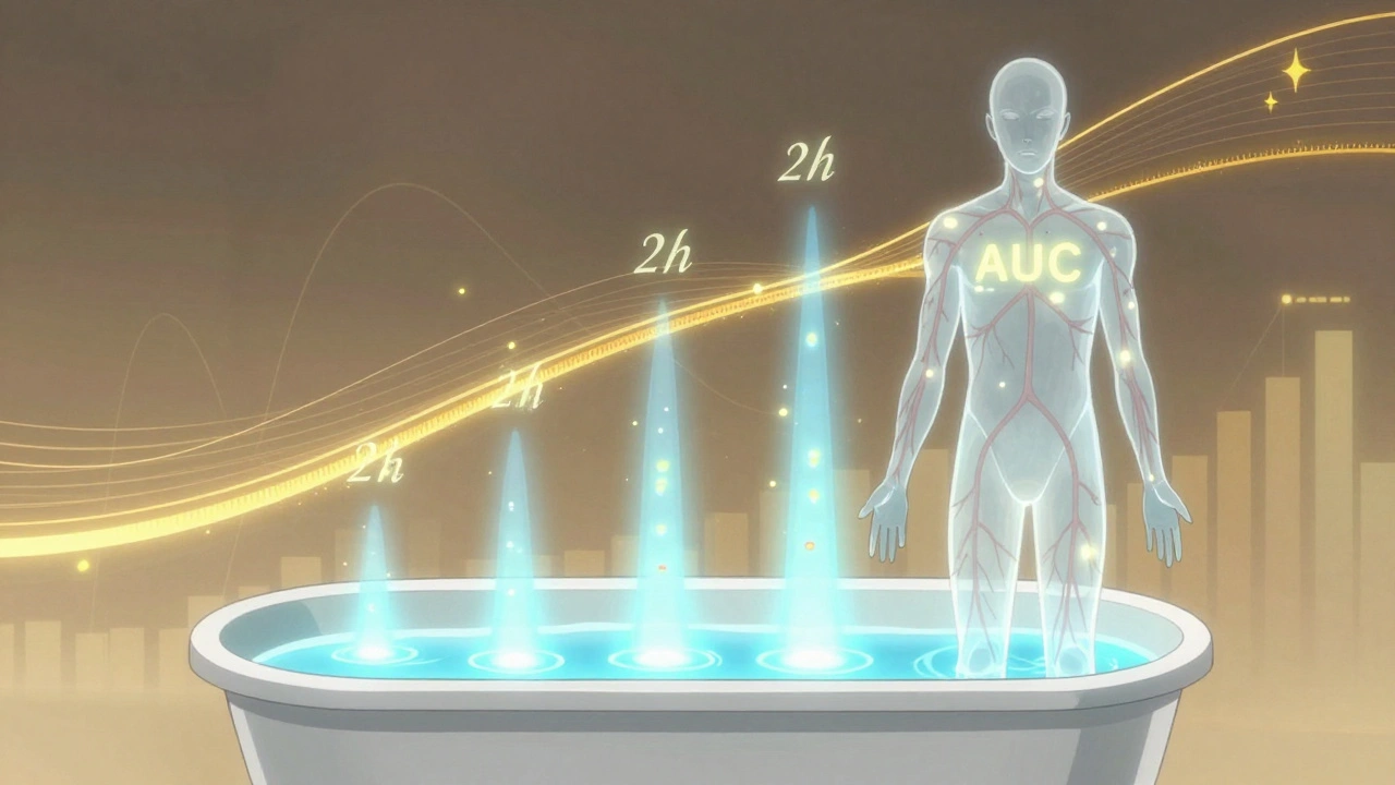 Bathtub filled with blue liquid symbolizing total drug exposure over time, with floating timestamps and glowing molecules.