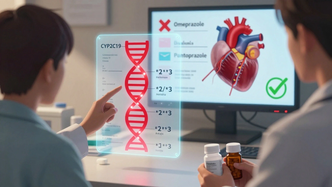 Cardiologist and patient reviewing genetic chart showing CYP2C19 variants and PPI alternatives.