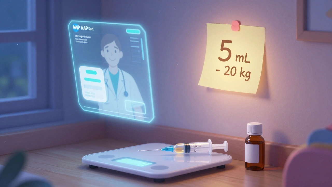 Child&#039;s bedroom with sticky note, syringe, and scale showing correct medicine dose