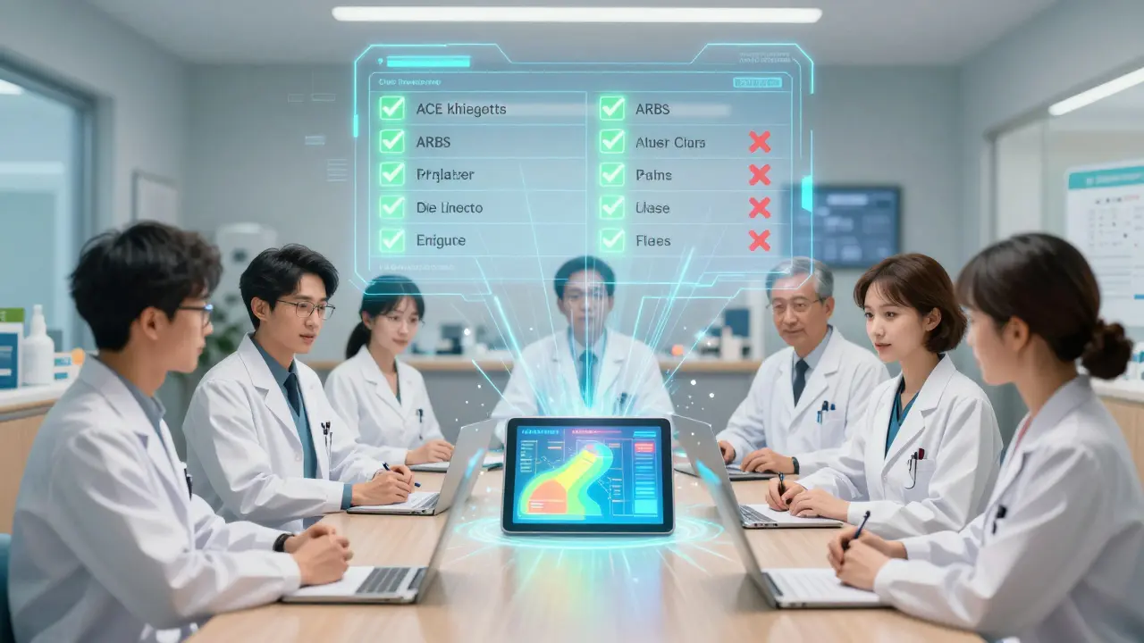 Clinical team reviews drug formulary options using a holographic interface in a hospital meeting room.