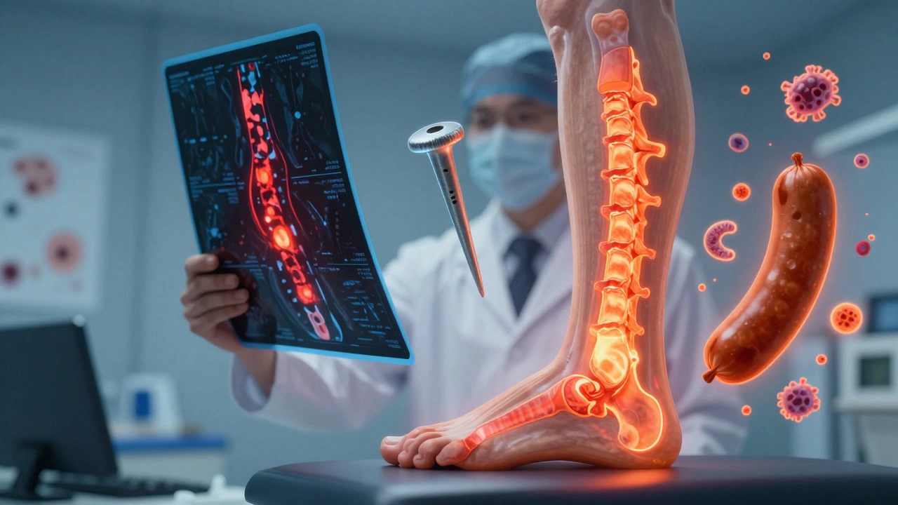 Doctor holding glowing MRI showing inflammation in spine and tendon, with symbolic nail and gut imagery.