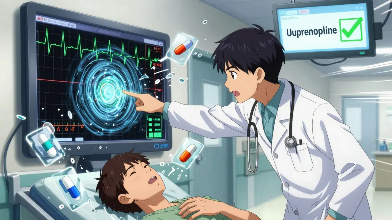 Doctor pointing at ECG showing Torsades de Pointes arrhythmia, dangerous medications shattering around them