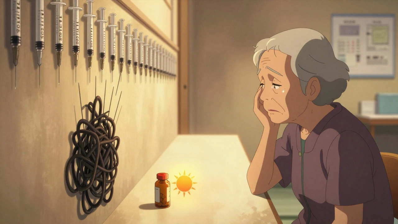 Elderly person facing wall of syringes, with clean path to pill and rising sun.