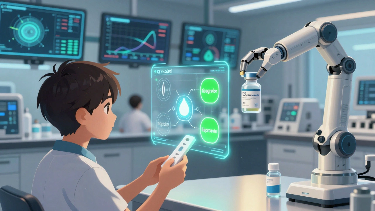 Futuristic lab with holographic genetic test results showing optimal drug choices for heart patients.