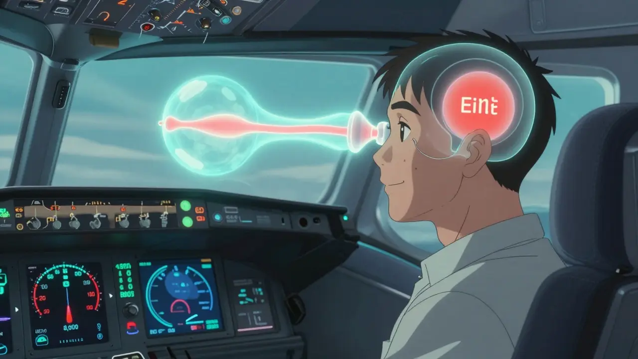 Futuristic plane with holographic pressure display and Eustachian tube balloon procedure