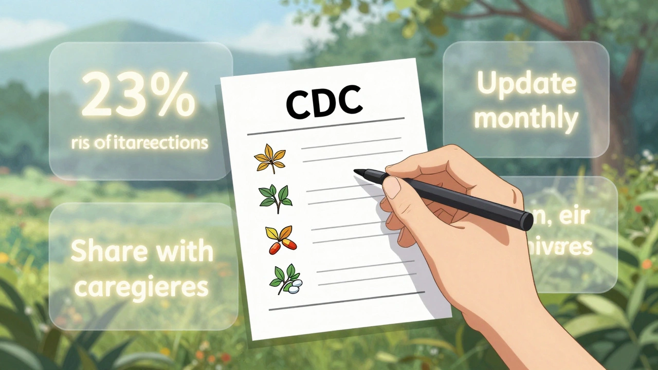 Hand filling out a CDC medication template with icons for supplements and traditional medicines.
