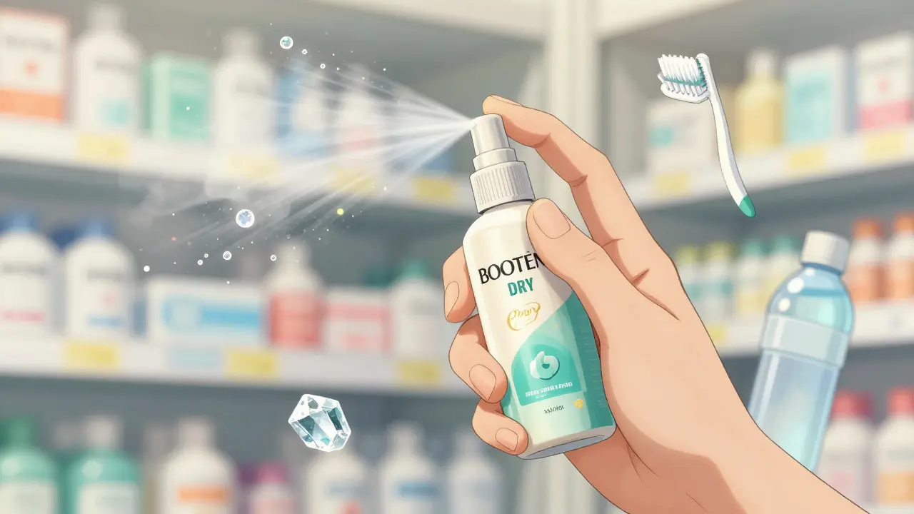 Hand spraying moisturizing mist with glowing xylitol particles in the air.