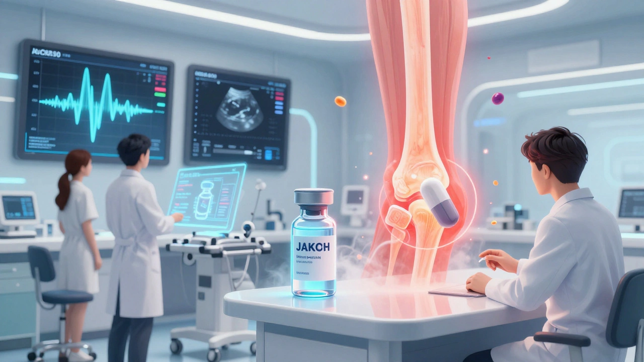 Holographic joint scan showing inflammation fading, with biosimilar and JAK inhibitor medications floating nearby.