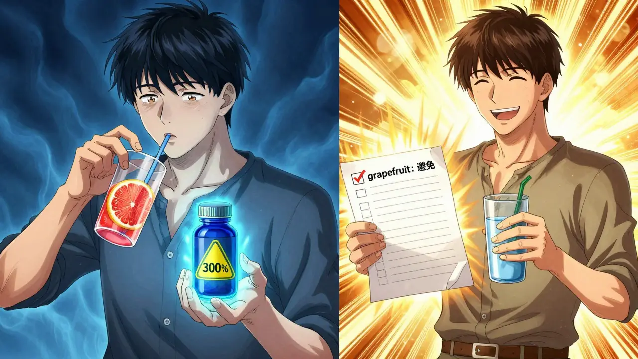 Man choosing water over grapefruit juice, with a glowing checklist showing safe choices and avoided risks.