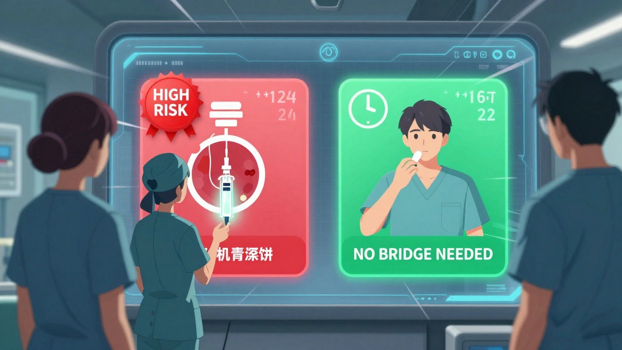 Medical chart comparing high-risk patient receiving injection vs. low-risk patient pausing pill.