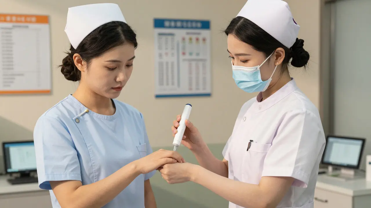 Nurse guiding patient through injection technique using a training device in a clinic setting.