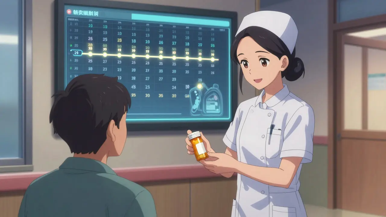 Nurse hands a new pill bottle to a patient in a nursing home, with digital medication swap indicators in the background.