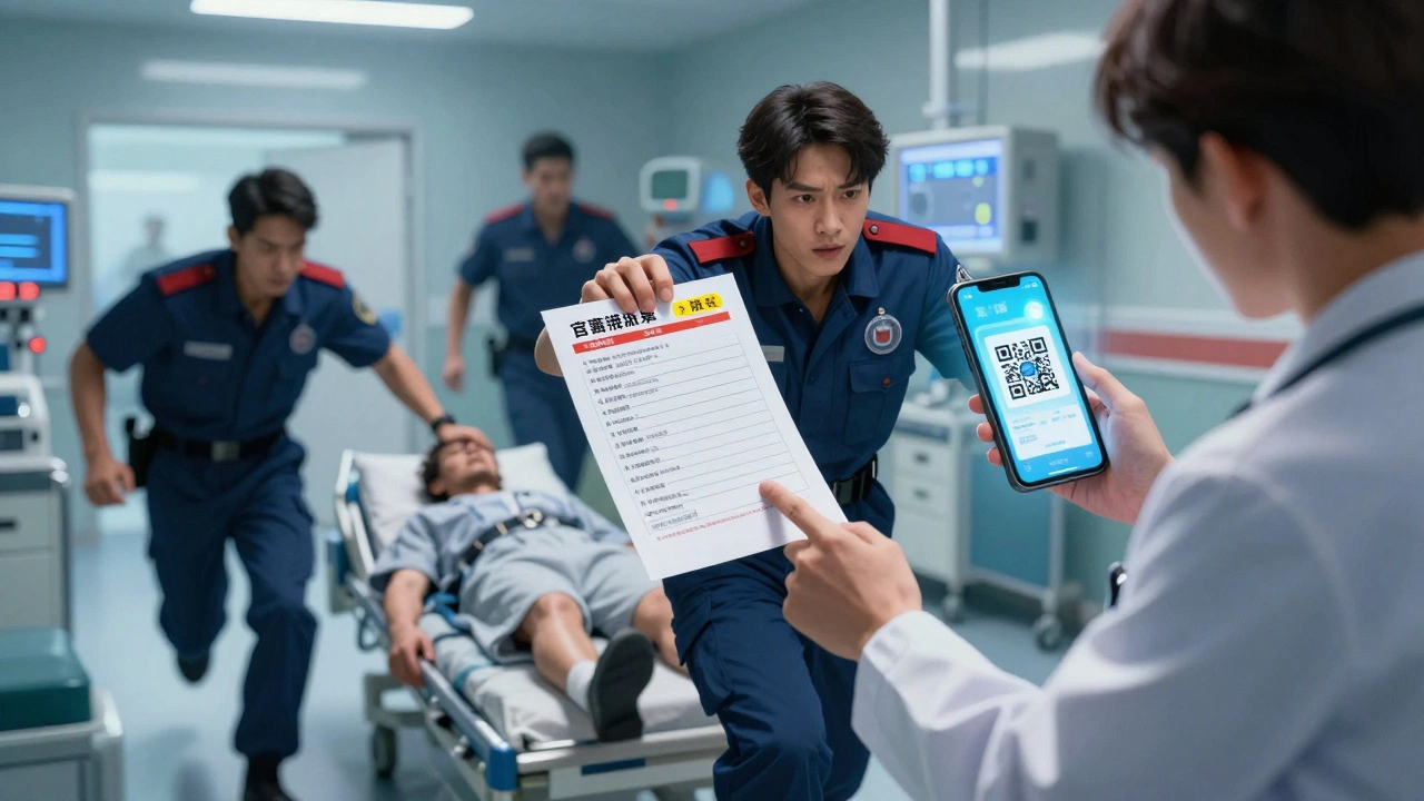 Paramedics in ER presenting a medication list to a doctor during an emergency.