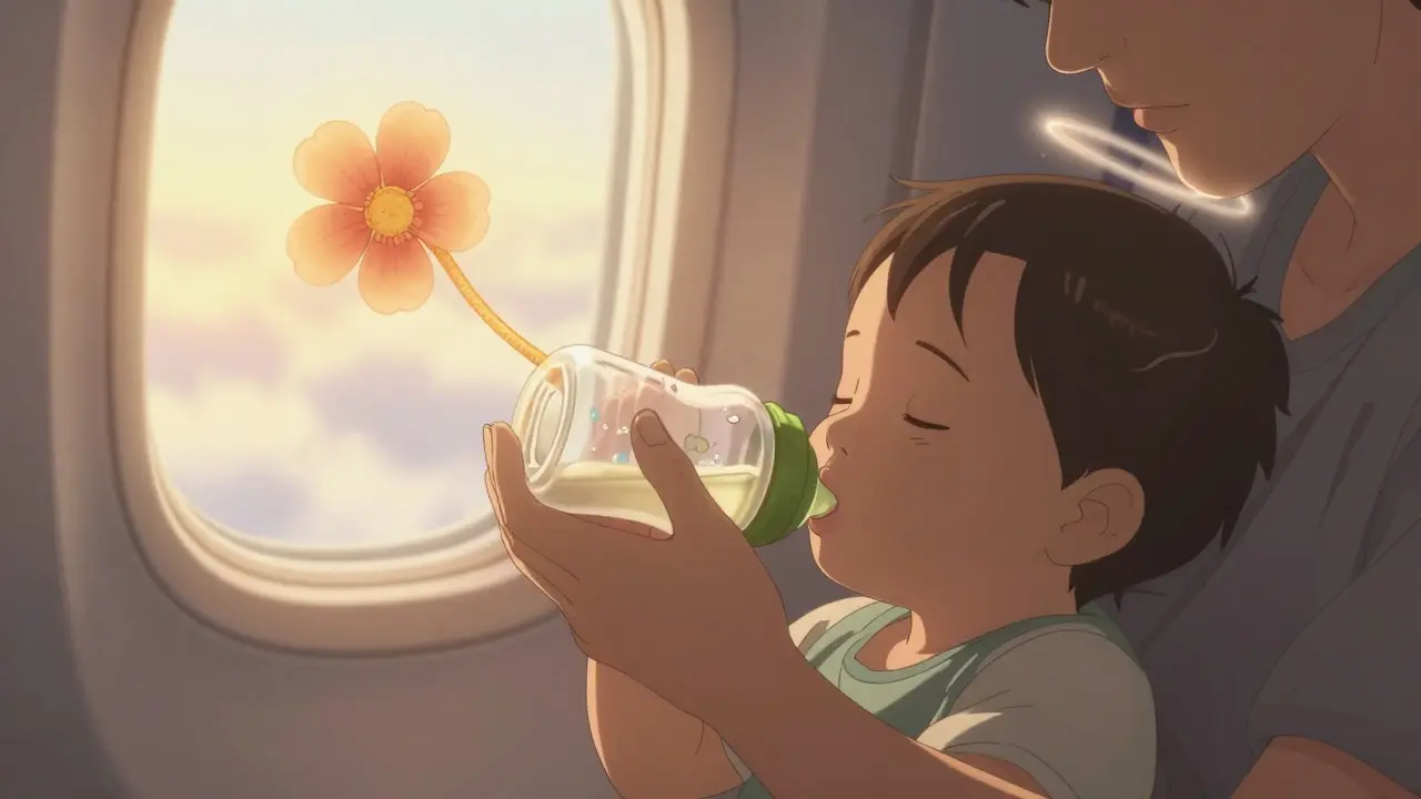 Parent gently moving child's jaw while feeding during airplane descent