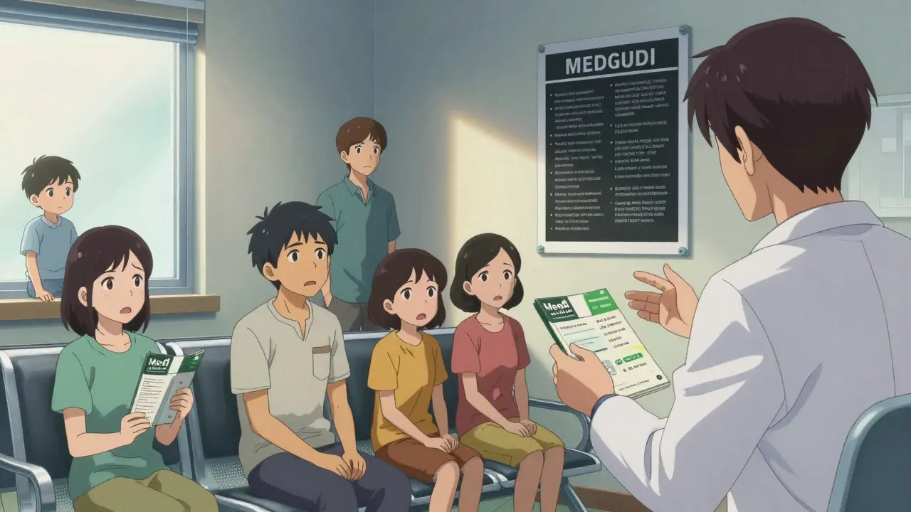 Parents in a pediatric clinic anxiously holding medication guides while a black box warning looms on the wall.