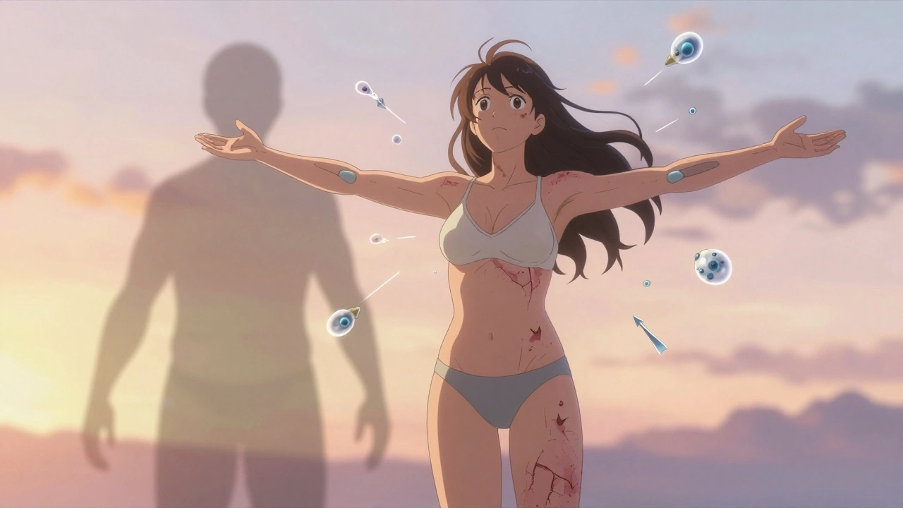 Patient at sunrise, immune cells neutralized by glowing drugs, skin and joints restored to health.