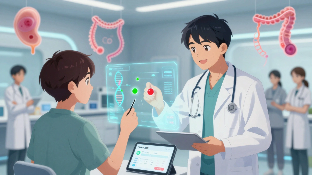 Patient scanning stool sample into holographic DNA analyzer, doctor beside them showing personalized colonoscopy interval.