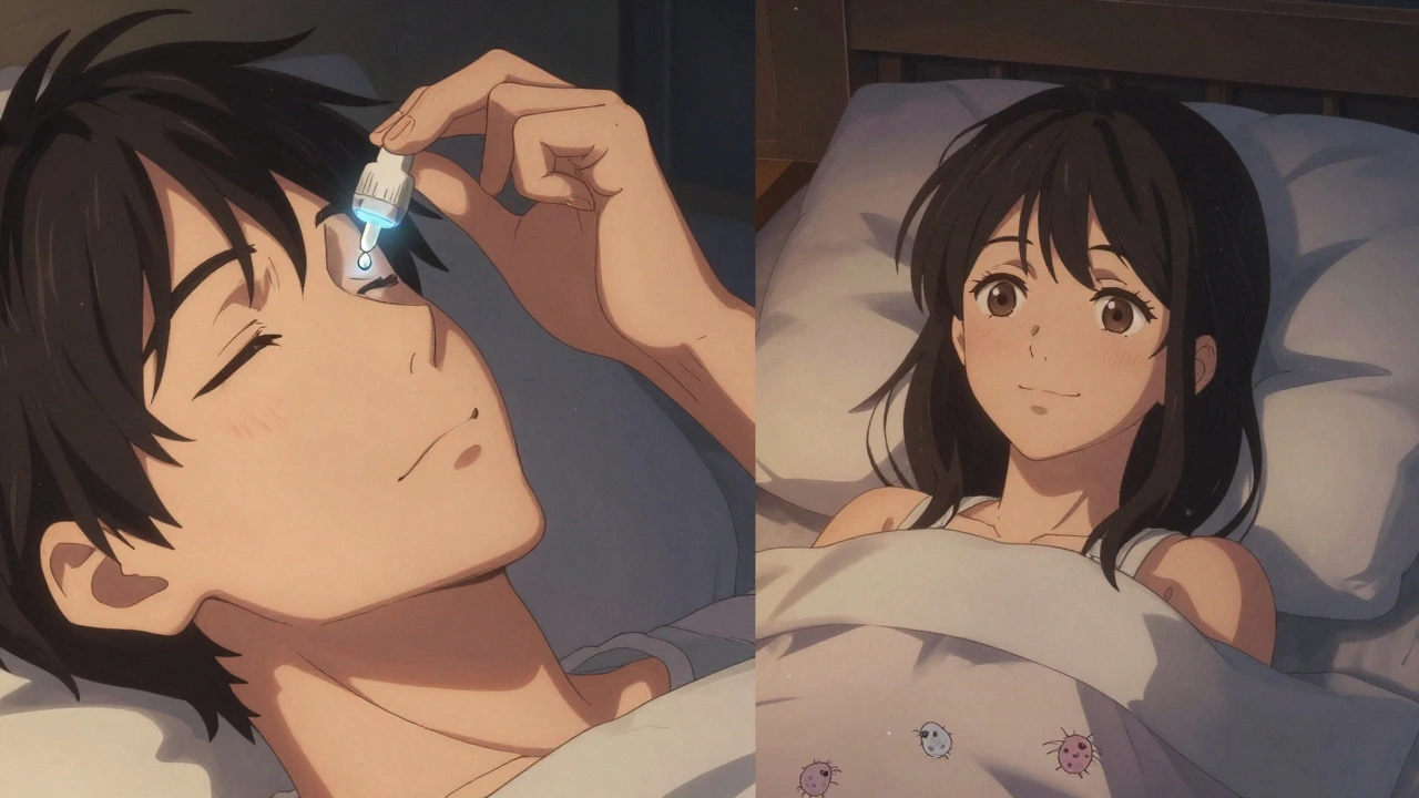 Person correctly applying eye drops, then sleeping peacefully with clear eyes.