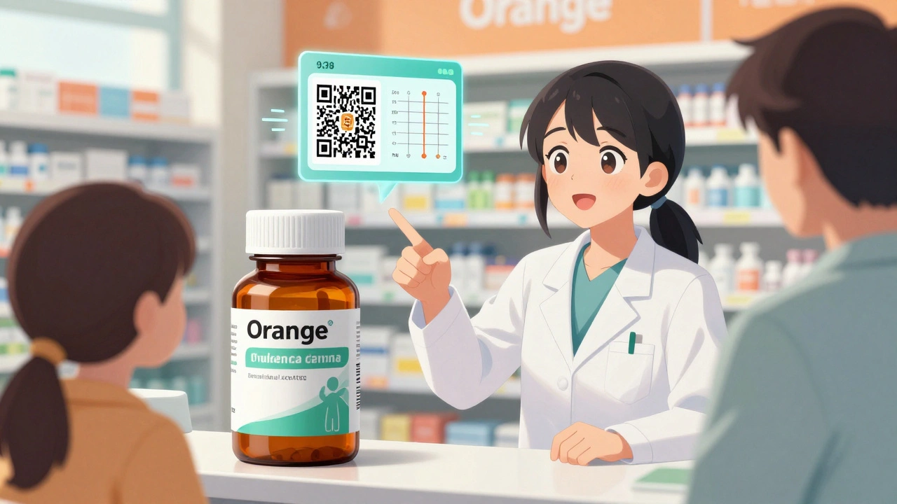 Pharmacist explaining medicine label with QR code and weight dosing guide to parents