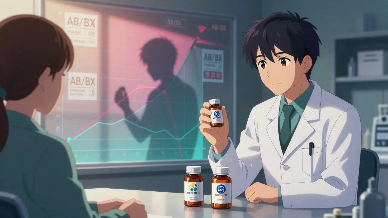 Pharmacist showing two different generic pills with a seizure frequency graph in the background.