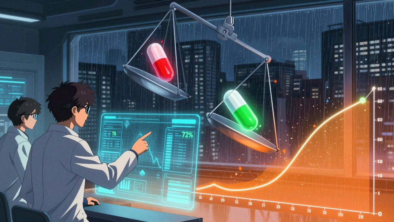 Scientists analyzing holographic bioequivalence data, one side showing a failing generic pill in red, brand in green.