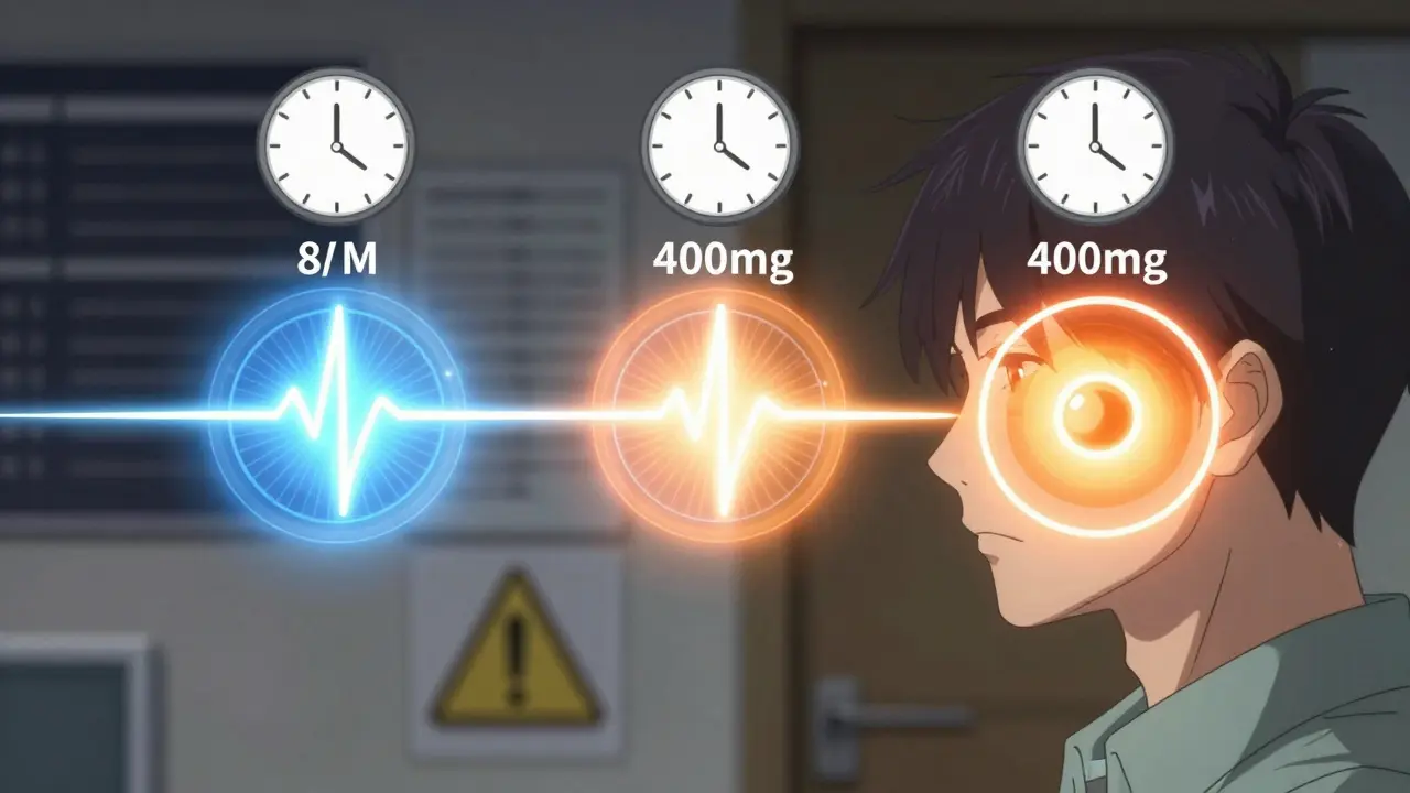 Someone alternating acetaminophen and ibuprofen doses with glowing symbols and clock icons representing timed relief.
