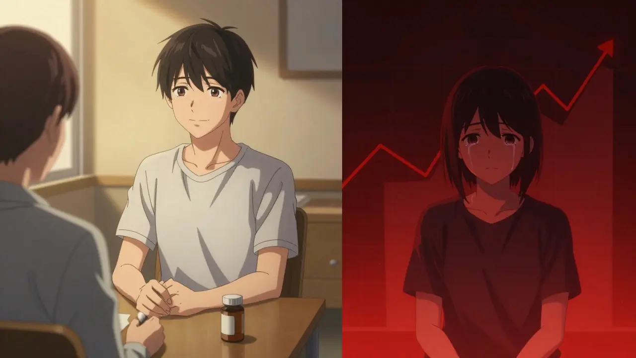 Split image: a teen smiling in therapy vs. the same teen in darkness, symbolizing treatment versus untreated depression.