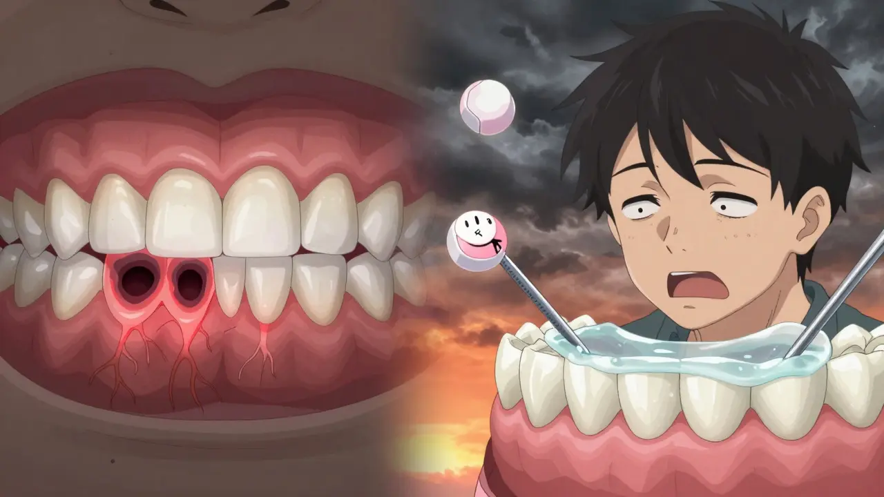 Split image: damaged teeth vs. protected teeth with saliva-like shield and xylitol guardians.