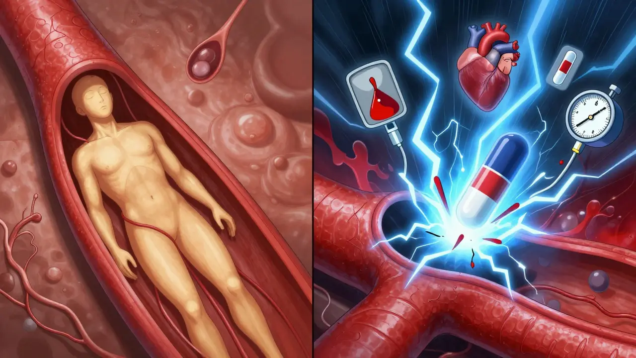 Split medical illustration showing healthy arteries versus dangerously dilated ones due to cGMP overload from drug interaction.