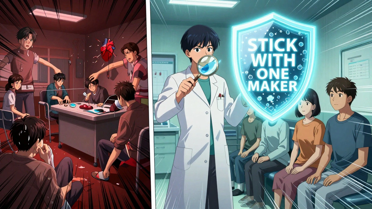 Split scene: chaotic ER on left, calm healthy patients on right, with a pharmacist holding a pill under a magnifying glass.